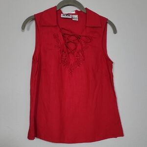 Vintage Edward Womens 100% Irish Linen Tank Top Size S Red Lace Up Embroidered